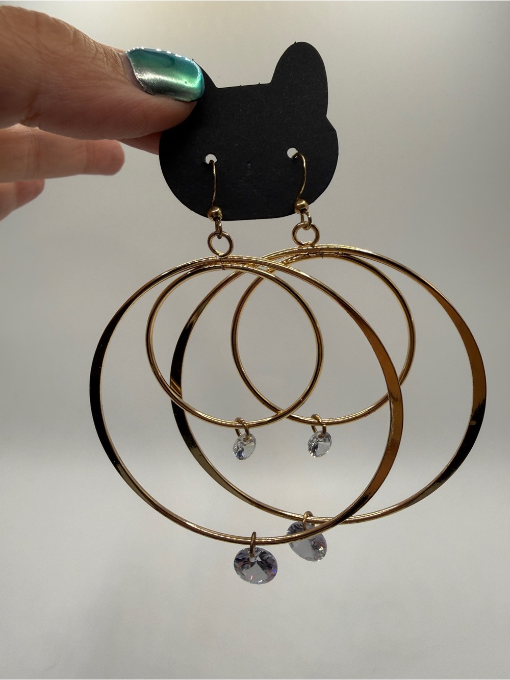 Gold Triple Hoop Drop Earrings with Crystal Charms